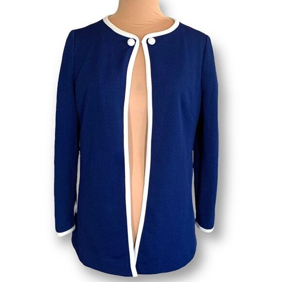 Vintage Judy Wayne Jacket Blue White Open Front Red Geometric Collarless Blazer - Picture 10 of 10